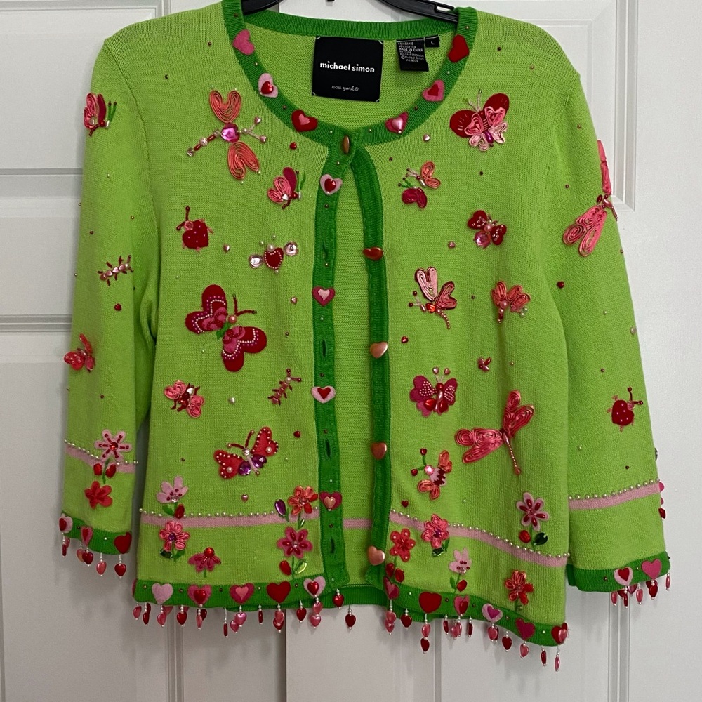 Michael Simon Lime Green Embellished Cardigan with Pink & Red Accents